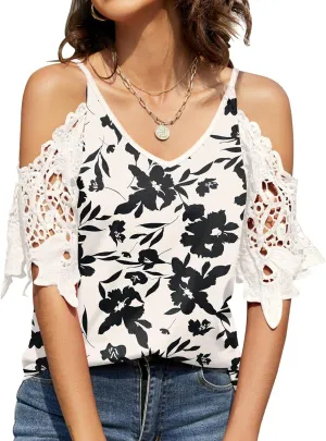 TFSDOD Womens Summer V Neck Cold Shoulder Tops T Shirts Cut Out Lace Short Sleeve Solid Color Blouses Shirt