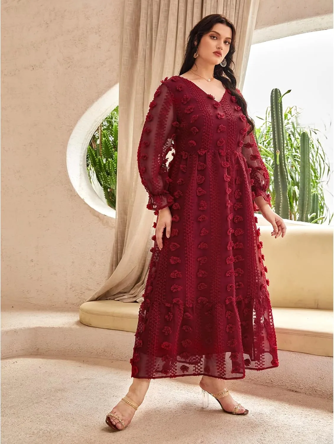 TOLEEN Women's Plus Size Embroidery Knitting Dress Long Sleeve Business Casual Maxi Dresses