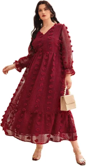 TOLEEN Women's Plus Size Embroidery Knitting Dress Long Sleeve Business Casual Maxi Dresses