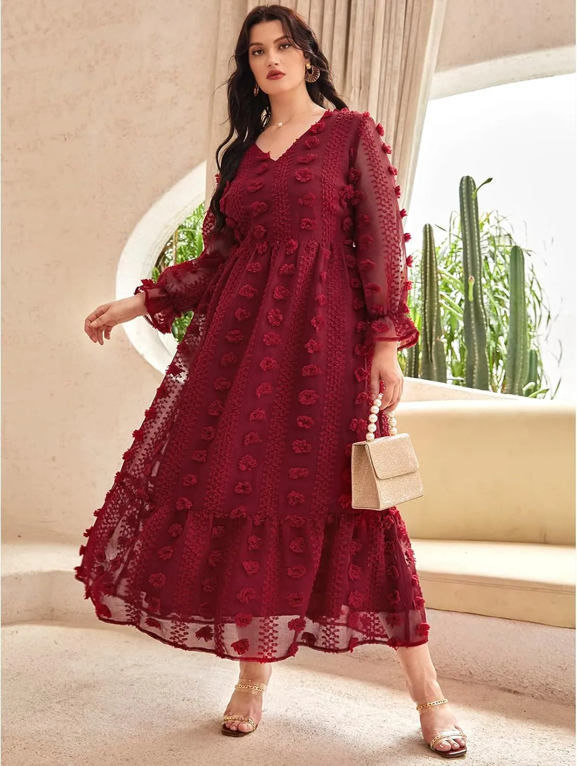 TOLEEN Women's Plus Size Embroidery Knitting Dress Long Sleeve Business Casual Maxi Dresses