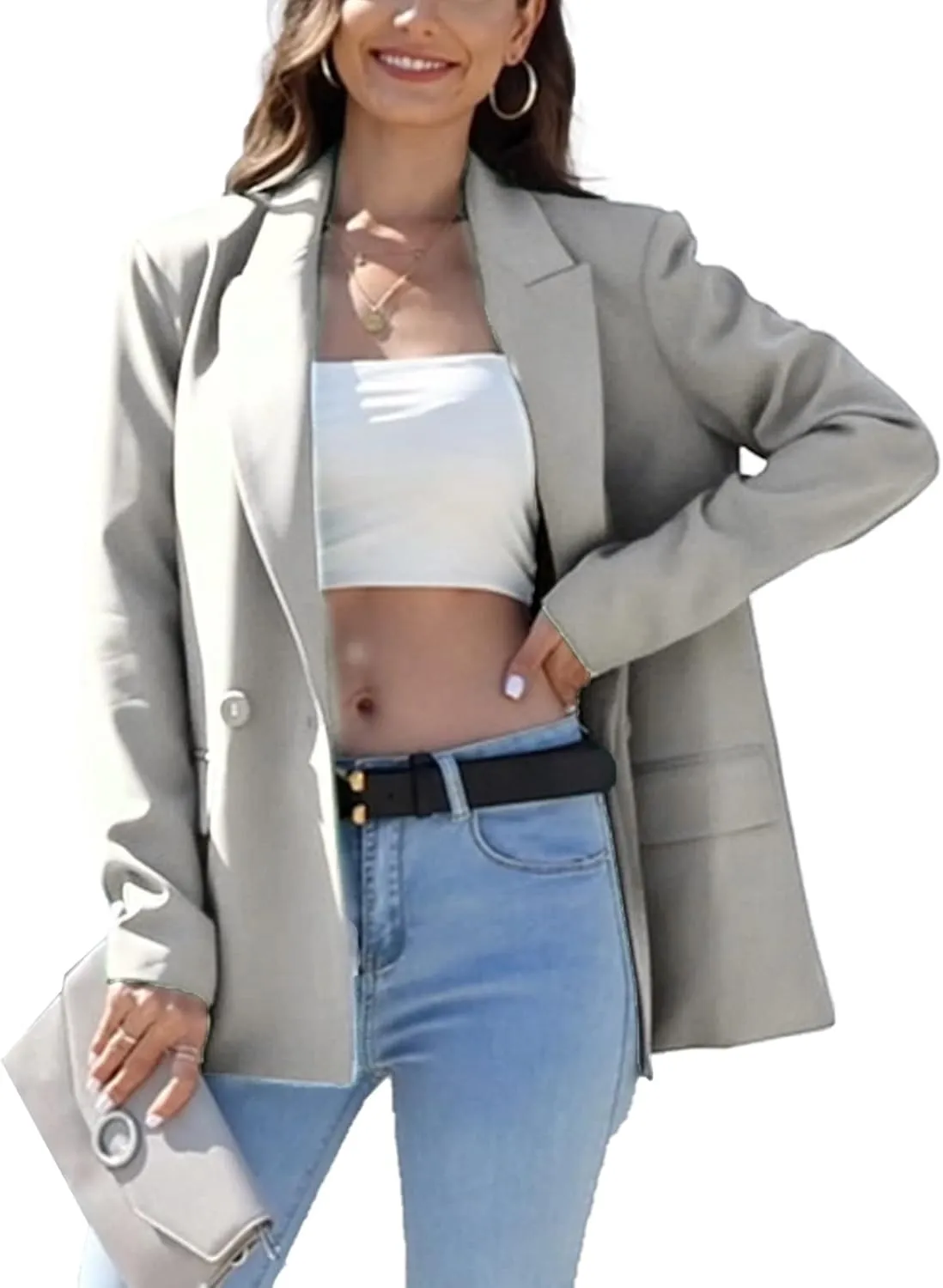 TRNY Women's Oversized Double-Breasted Suit Blazer Jacket Long Sleeve Casual Boyfriend Style Work Office Blazer with Pockets