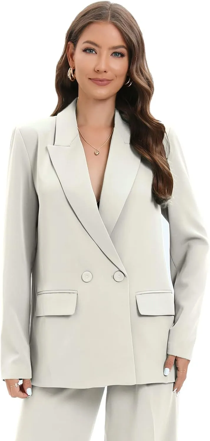 TRNY Women's Oversized Double-Breasted Suit Blazer Jacket Long Sleeve Casual Boyfriend Style Work Office Blazer with Pockets