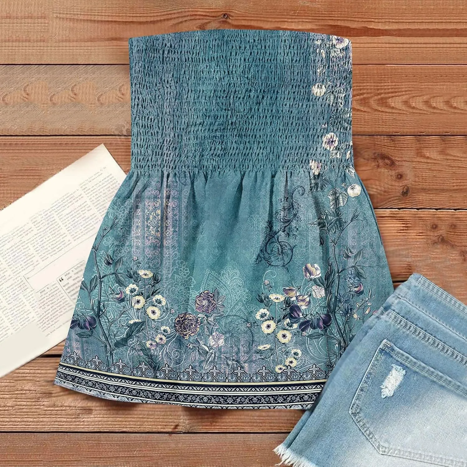 Tube Tops for Women Smocked Ruffled Floral Print Tanks Sleeveless Strapless Tube Tops Business Casual Bandeau