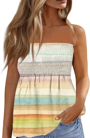 Tube Tops for Women Smocked Ruffled Floral Print Tanks Sleeveless Strapless Tube Tops Business Casual Bandeau