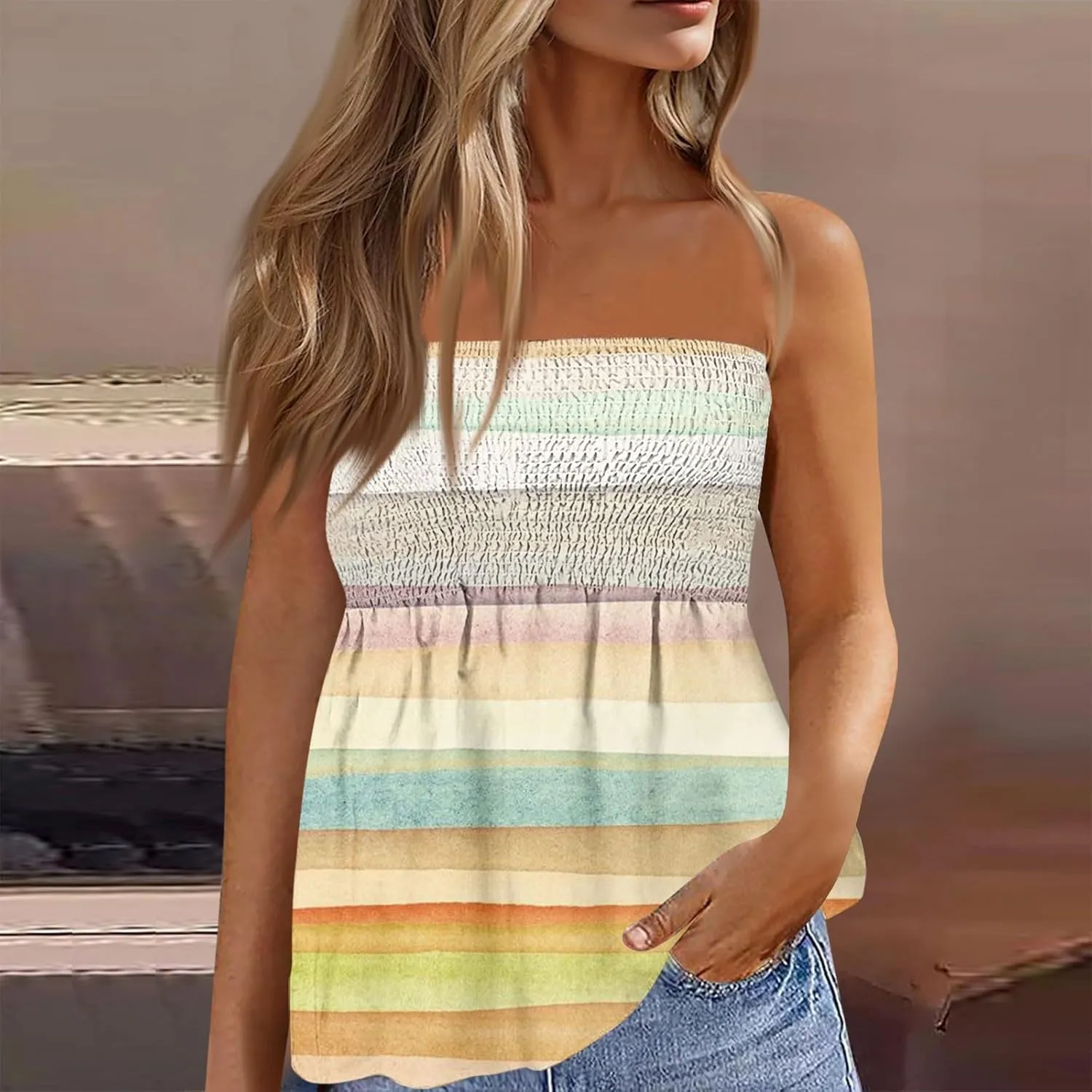Tube Tops for Women Smocked Ruffled Floral Print Tanks Sleeveless Strapless Tube Tops Business Casual Bandeau