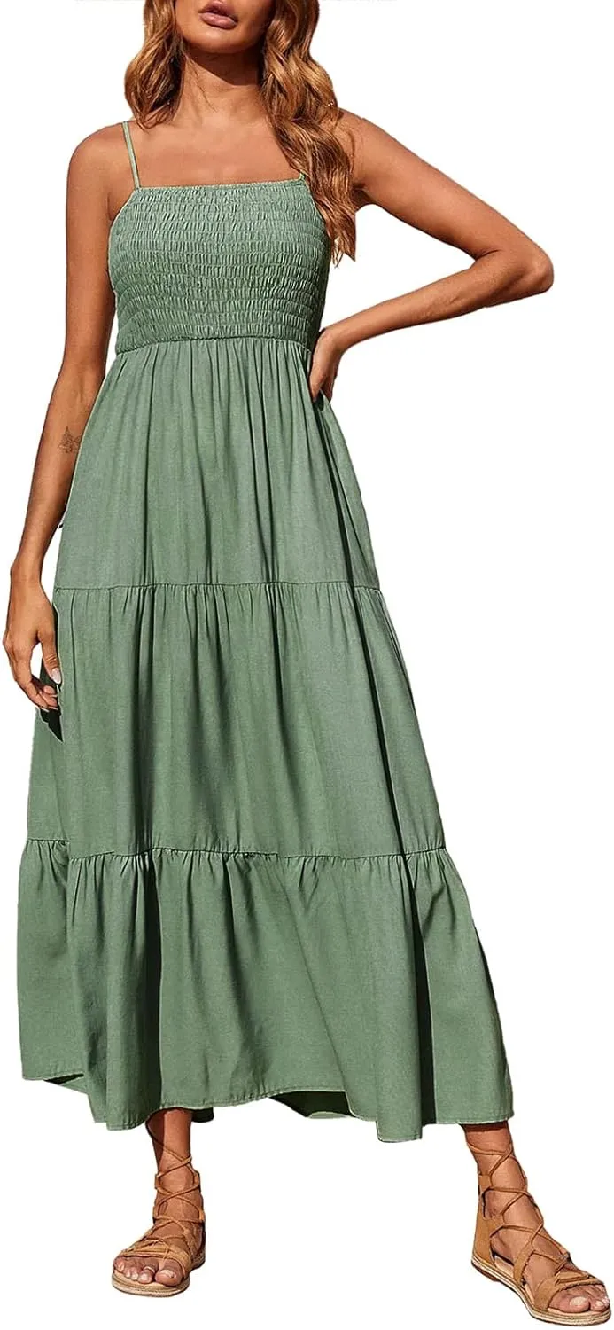 Tulle Dress Women Bohemian Spaghetti Strap Smocked Tiered Long Beach Sun Dresses Sleeveless Solid Maxi Dress