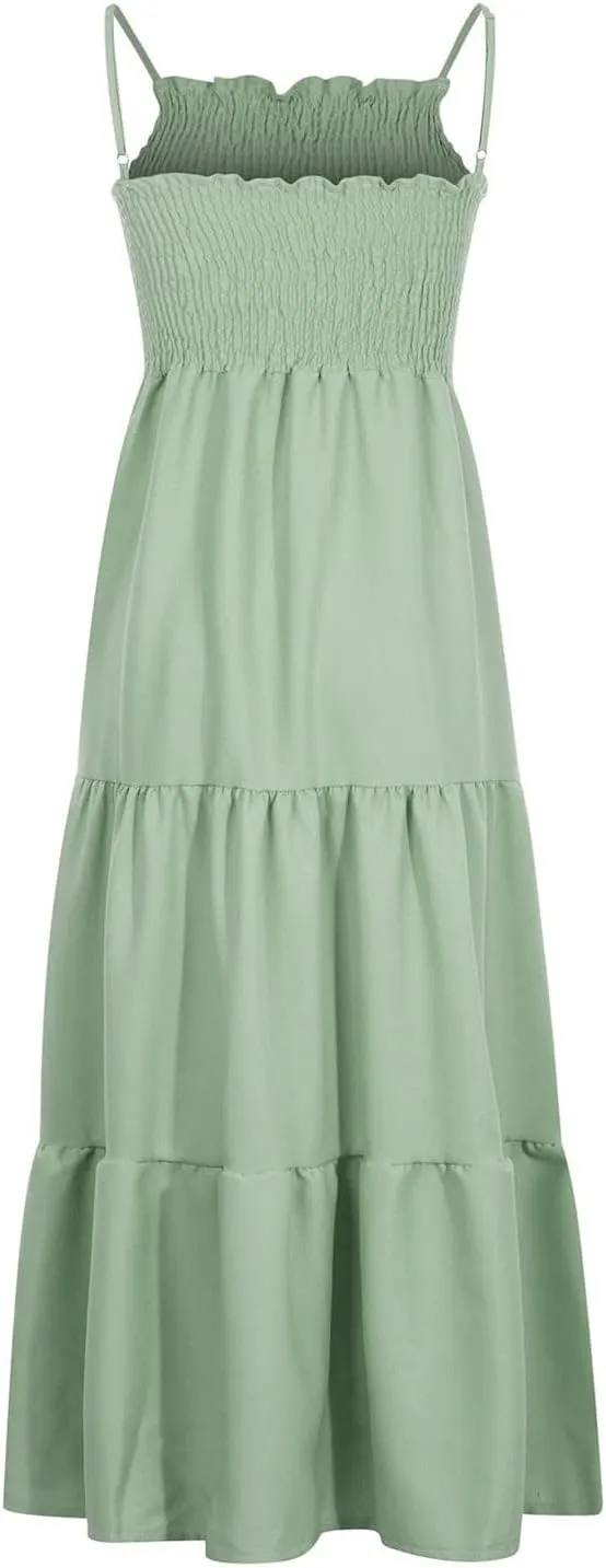 Tulle Dress Women Bohemian Spaghetti Strap Smocked Tiered Long Beach Sun Dresses Sleeveless Solid Maxi Dress