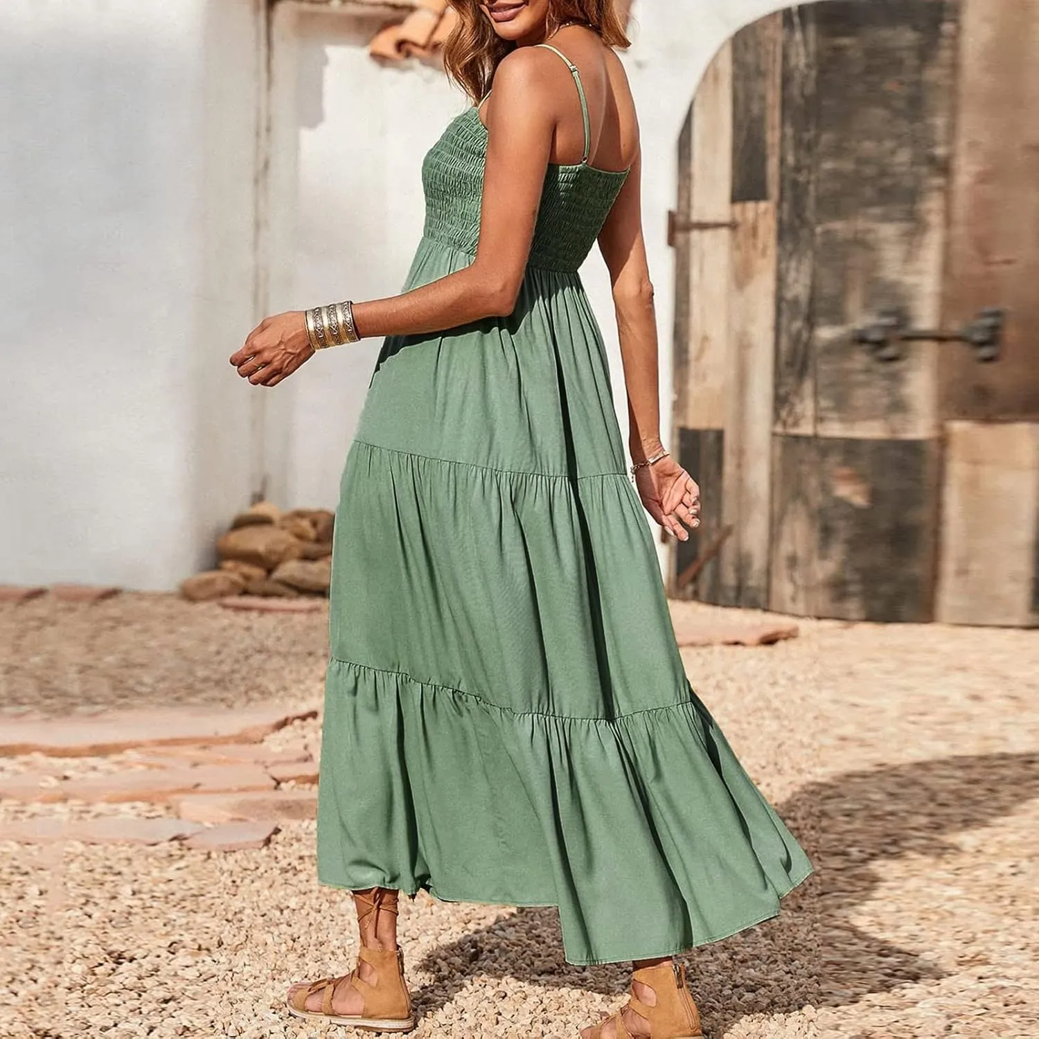Tulle Dress Women Bohemian Spaghetti Strap Smocked Tiered Long Beach Sun Dresses Sleeveless Solid Maxi Dress