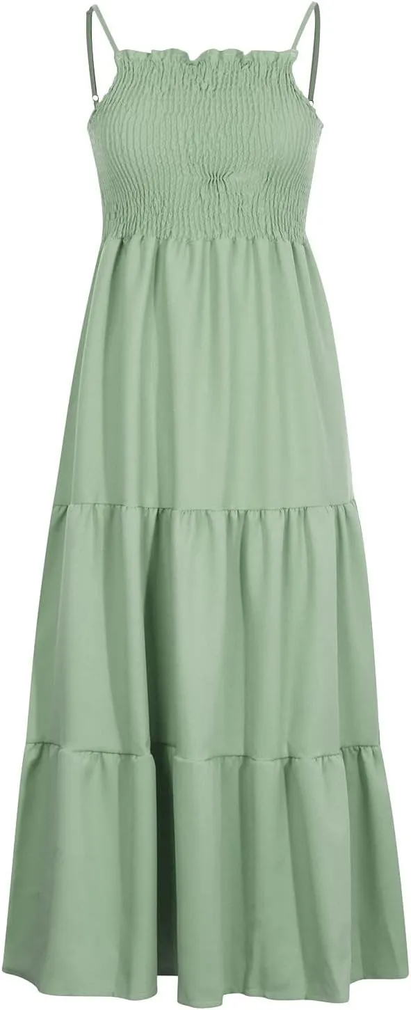 Tulle Dress Women Bohemian Spaghetti Strap Smocked Tiered Long Beach Sun Dresses Sleeveless Solid Maxi Dress