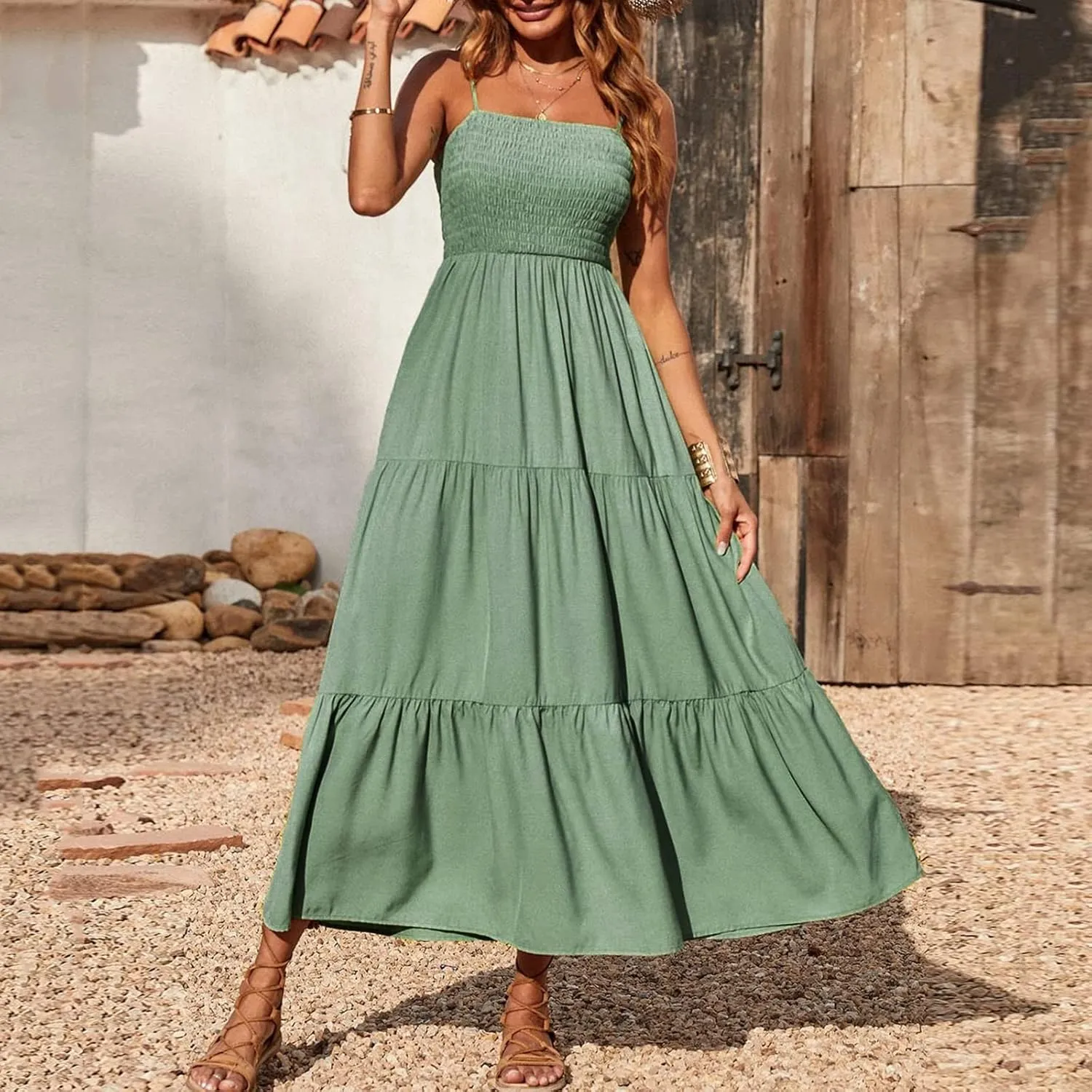 Tulle Dress Women Bohemian Spaghetti Strap Smocked Tiered Long Beach Sun Dresses Sleeveless Solid Maxi Dress