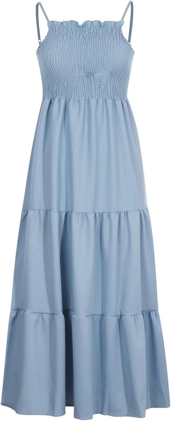 Tulle Dress Women Bohemian Spaghetti Strap Smocked Tiered Long Beach Sun Dresses Sleeveless Solid Maxi Dress