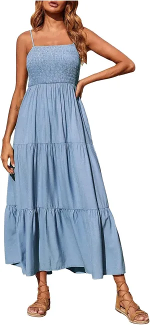 Tulle Dress Women Bohemian Spaghetti Strap Smocked Tiered Long Beach Sun Dresses Sleeveless Solid Maxi Dress