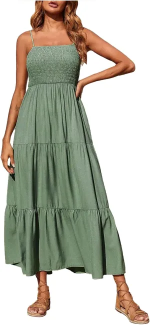Tulle Dress Women Bohemian Spaghetti Strap Smocked Tiered Long Beach Sun Dresses Sleeveless Solid Maxi Dress
