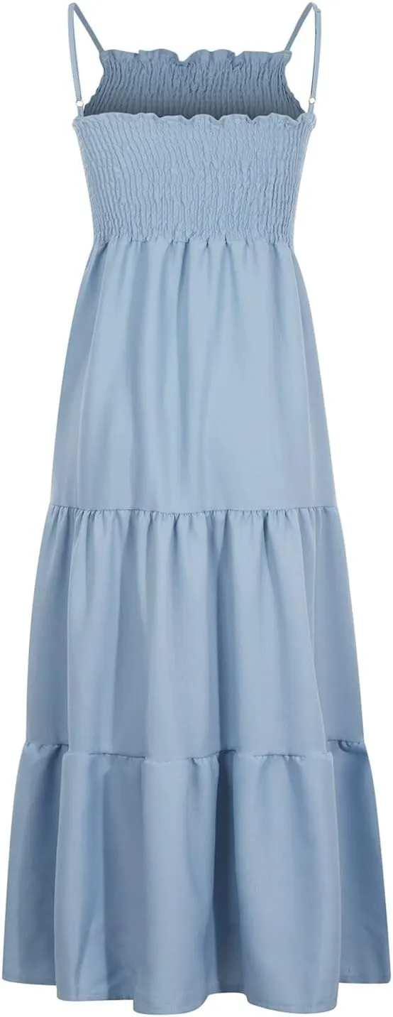 Tulle Dress Women Bohemian Spaghetti Strap Smocked Tiered Long Beach Sun Dresses Sleeveless Solid Maxi Dress