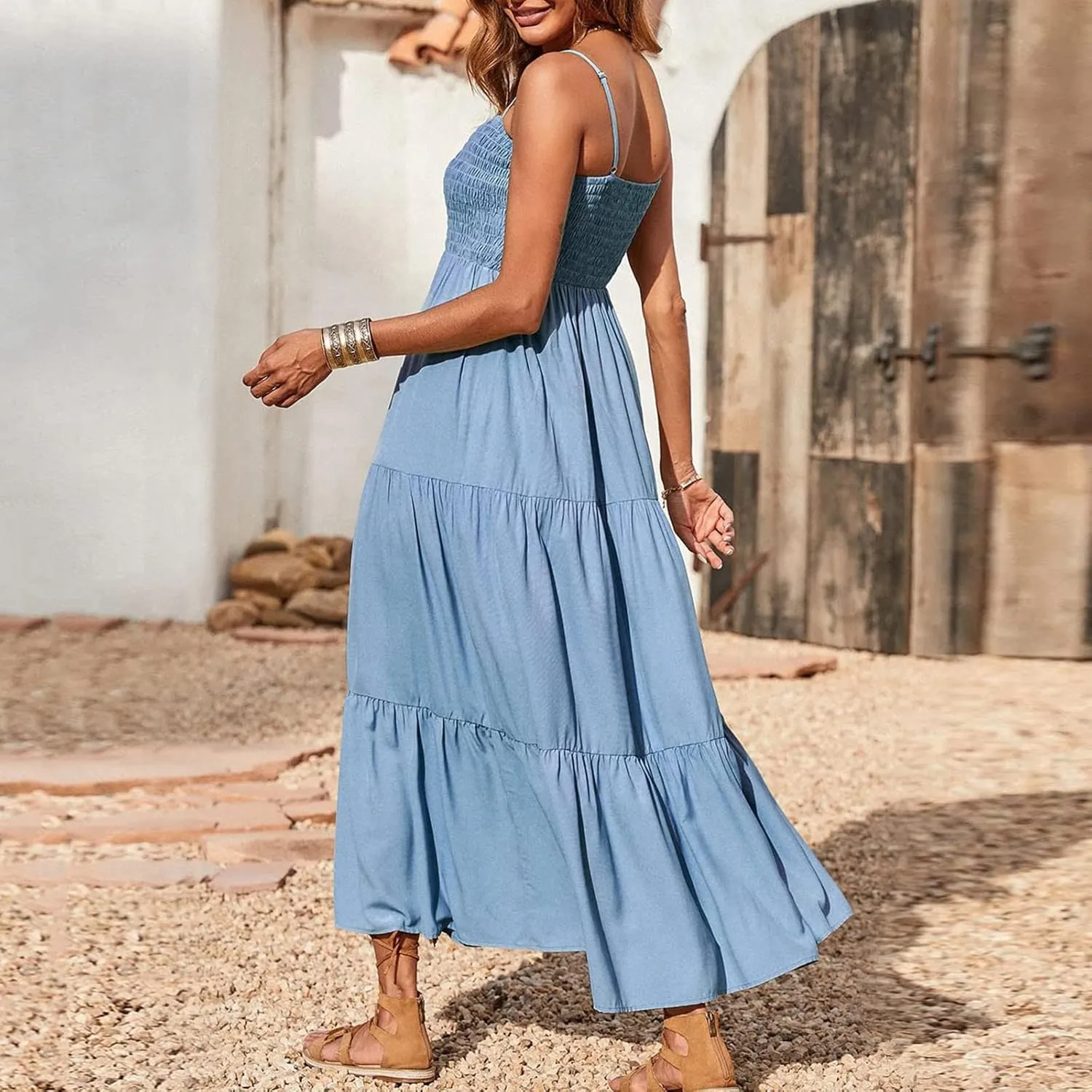 Tulle Dress Women Bohemian Spaghetti Strap Smocked Tiered Long Beach Sun Dresses Sleeveless Solid Maxi Dress