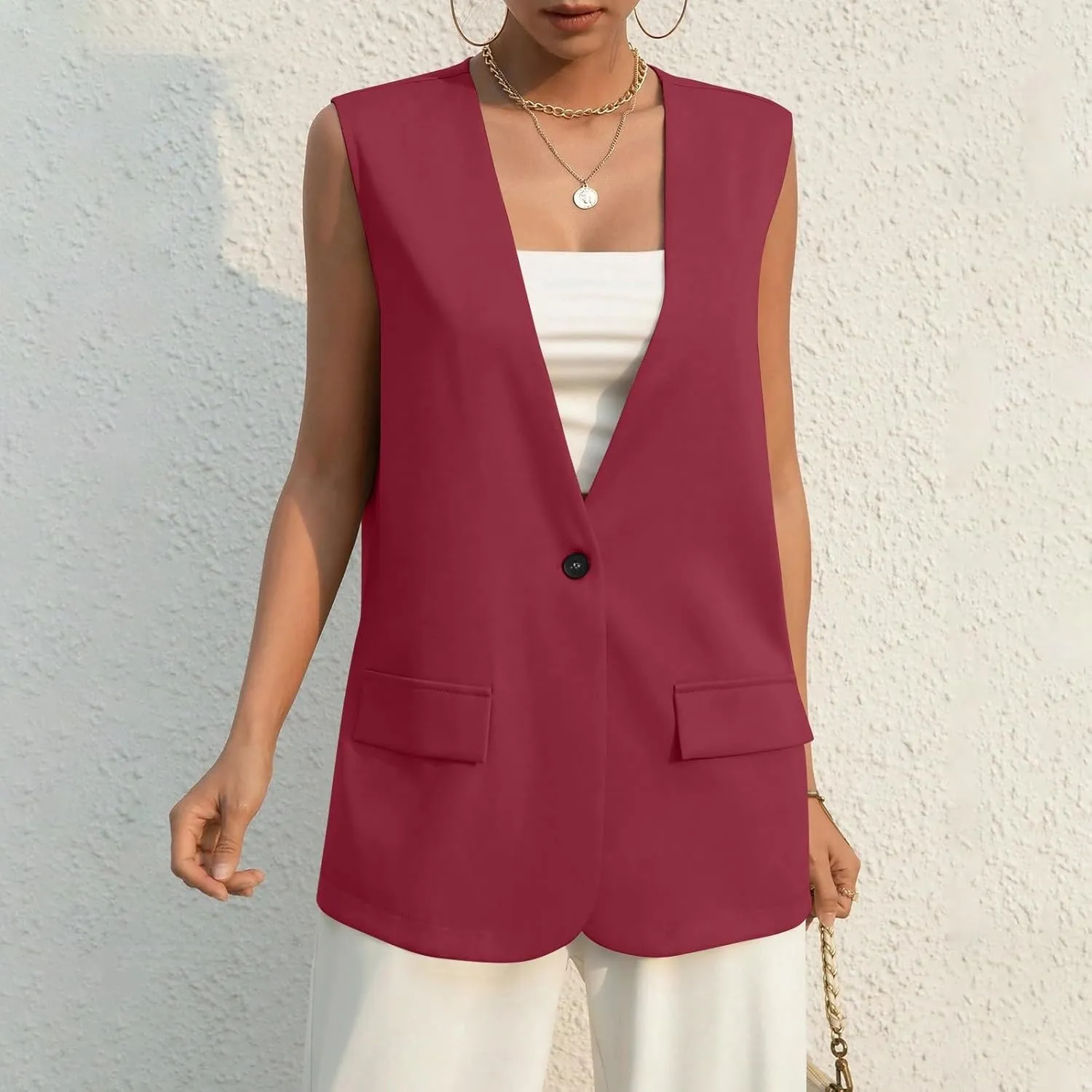 TWGONE Women's Sleeveless Blazer Jackets Summer Lightweight Single Button Waistcoat Open Front Work Office Vest Tops
