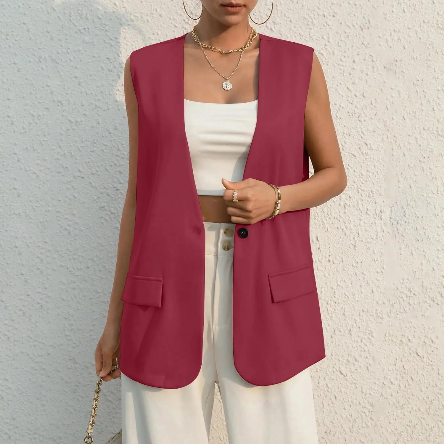 TWGONE Women's Sleeveless Blazer Jackets Summer Lightweight Single Button Waistcoat Open Front Work Office Vest Tops