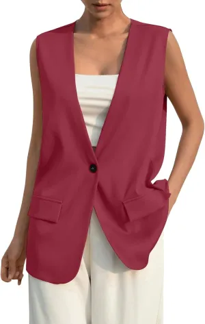 TWGONE Women's Sleeveless Blazer Jackets Summer Lightweight Single Button Waistcoat Open Front Work Office Vest Tops