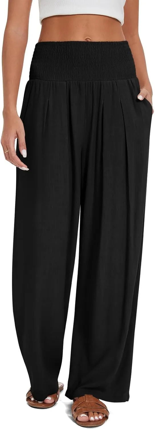 UEU Women's Linen Palazzo Pants Wide Leg High Waisted Lounge Casual Beach Pants with Pockets