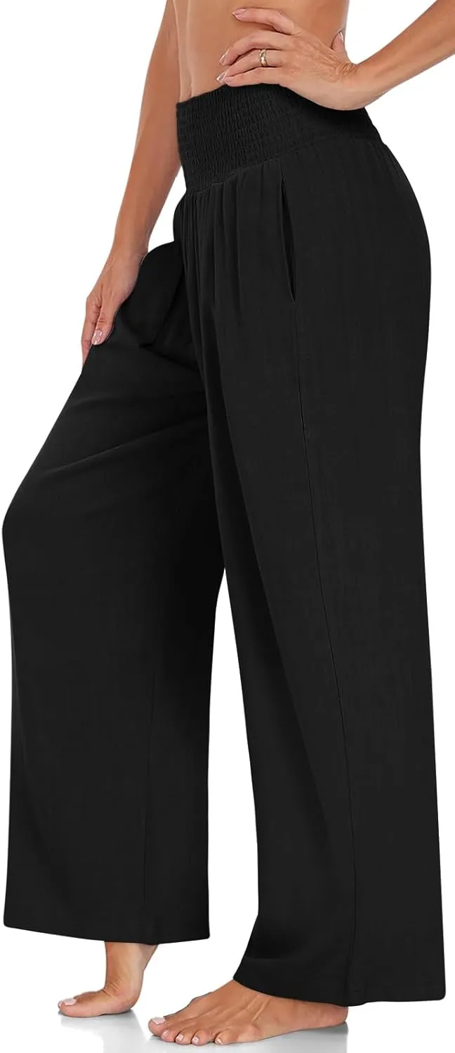 UEU Women's Linen Palazzo Pants Wide Leg High Waisted Lounge Casual Beach Pants with Pockets
