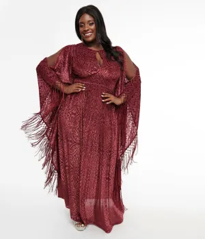 Unique Vintage Plus Size 1960s Burgundy Velvet Burnout Caftan