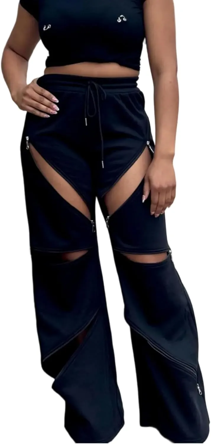 Unybwonn Women High Waist Wide Leg Y2k Sweatpants Baggy Patchwork Multi Zipper Ripped Cutout Joggers Pants Streetwear