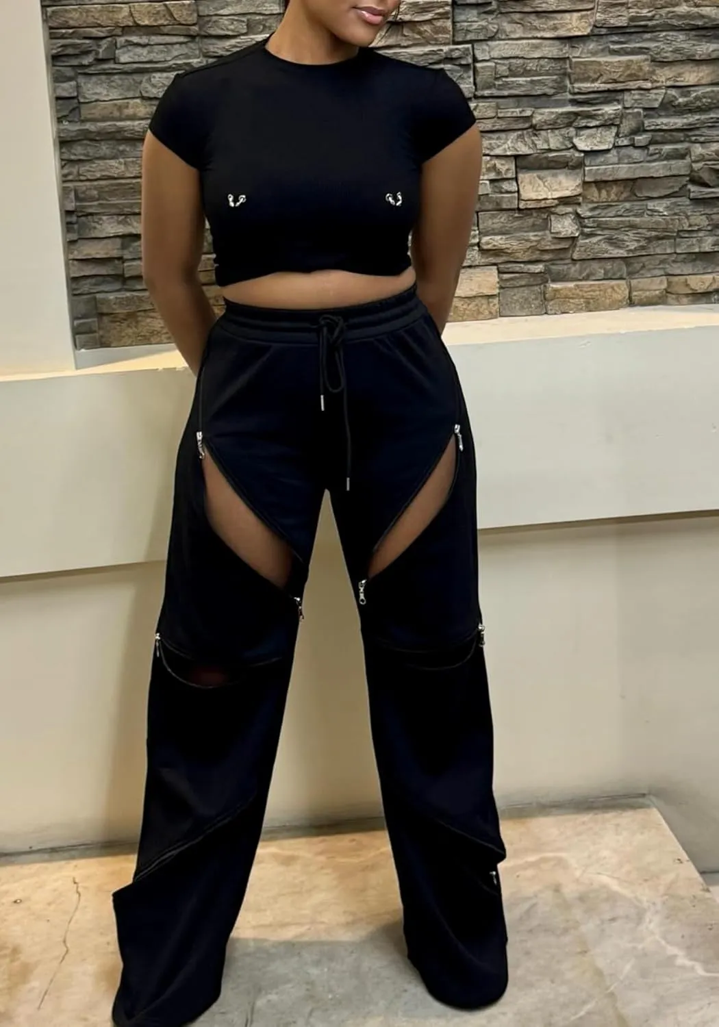 Unybwonn Women High Waist Wide Leg Y2k Sweatpants Baggy Patchwork Multi Zipper Ripped Cutout Joggers Pants Streetwear