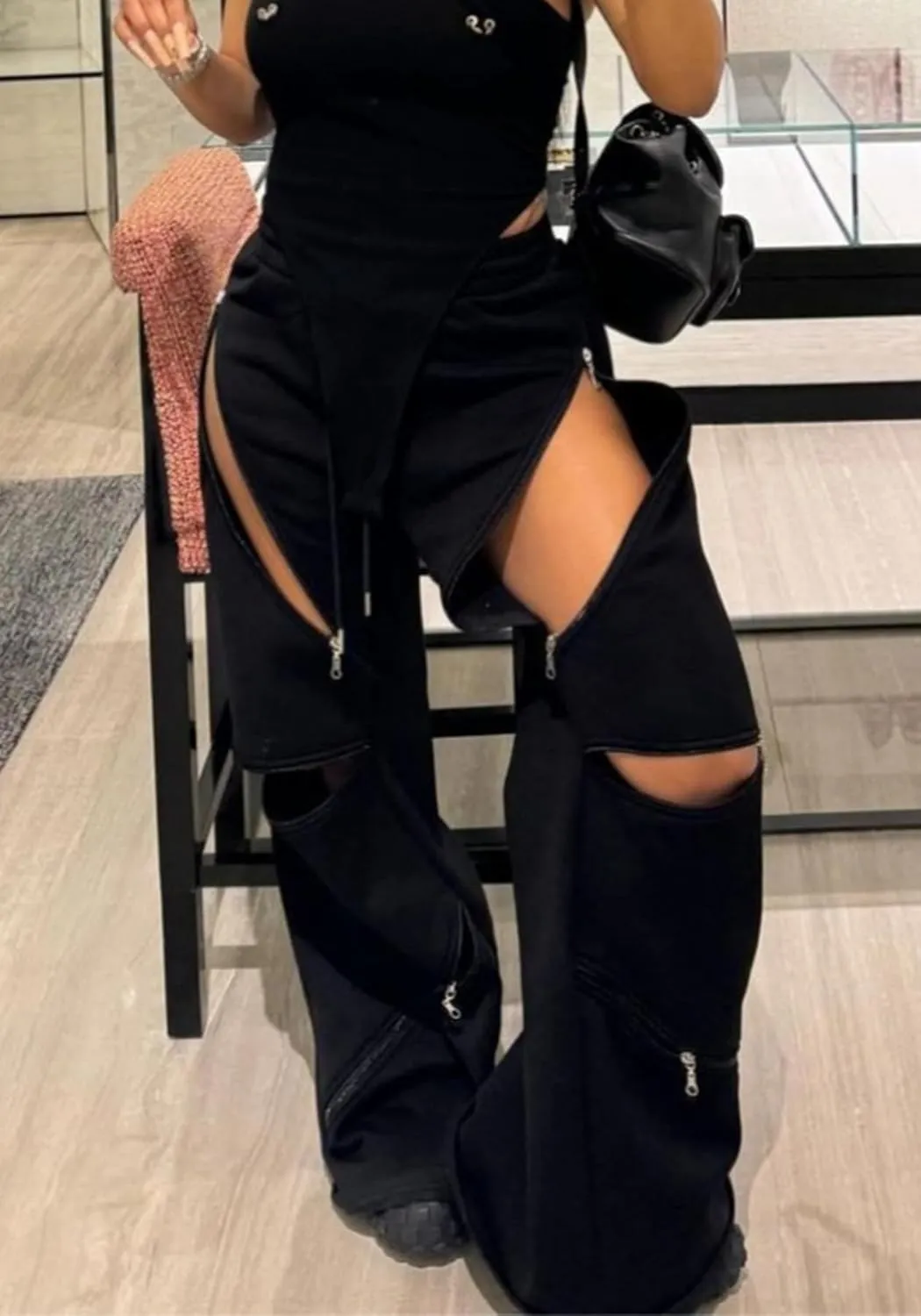 Unybwonn Women High Waist Wide Leg Y2k Sweatpants Baggy Patchwork Multi Zipper Ripped Cutout Joggers Pants Streetwear