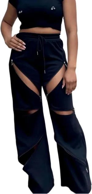 Unybwonn Women High Waist Wide Leg Y2k Sweatpants Baggy Patchwork Multi Zipper Ripped Cutout Joggers Pants Streetwear