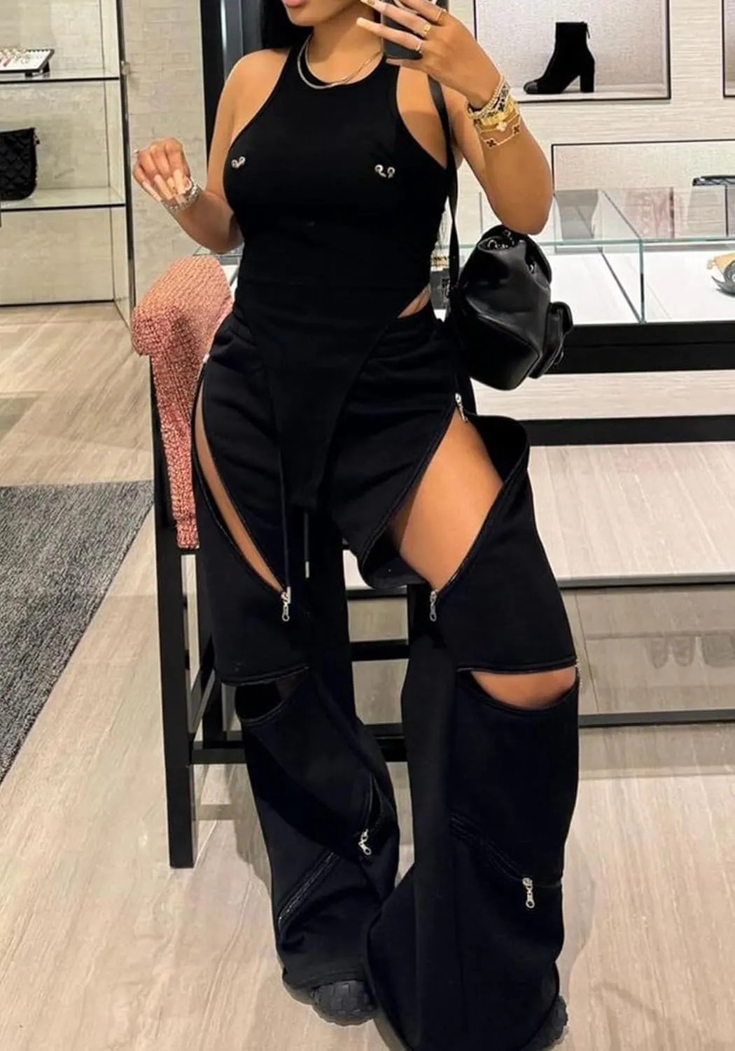 Unybwonn Women High Waist Wide Leg Y2k Sweatpants Baggy Patchwork Multi Zipper Ripped Cutout Joggers Pants Streetwear