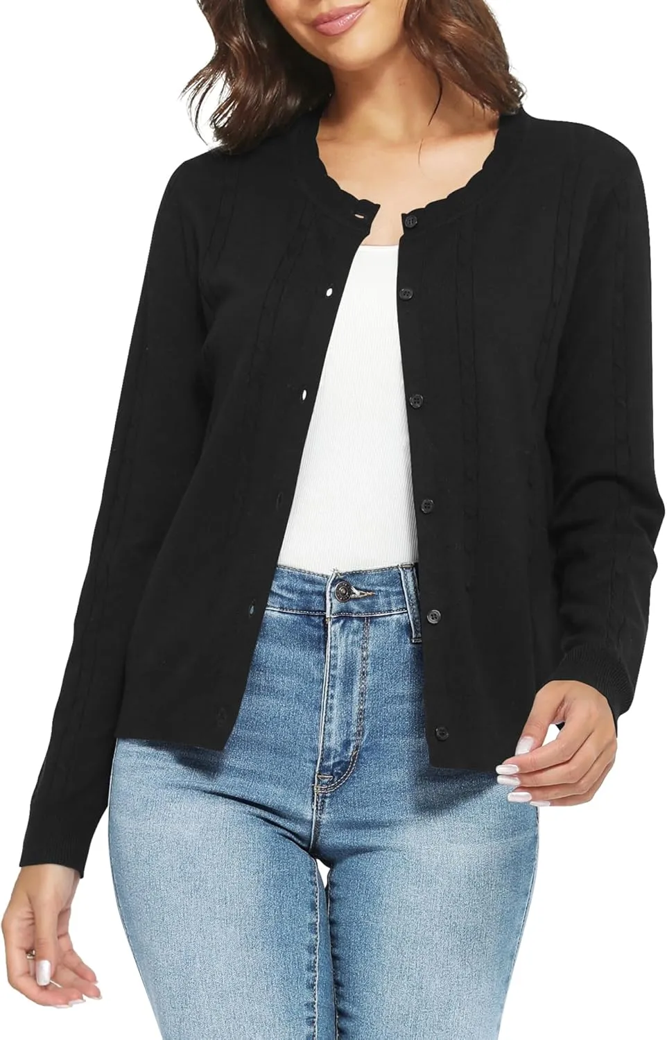 Urban CoCo Women's Lightweight Crew Neck Cropped Cardigan Long Sleeve Open Front Soft Knit Tops Casual Outfit