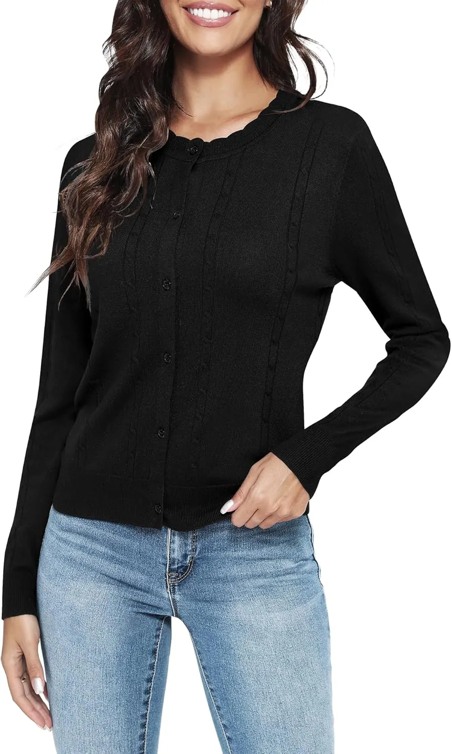 Urban CoCo Women's Lightweight Crew Neck Cropped Cardigan Long Sleeve Open Front Soft Knit Tops Casual Outfit