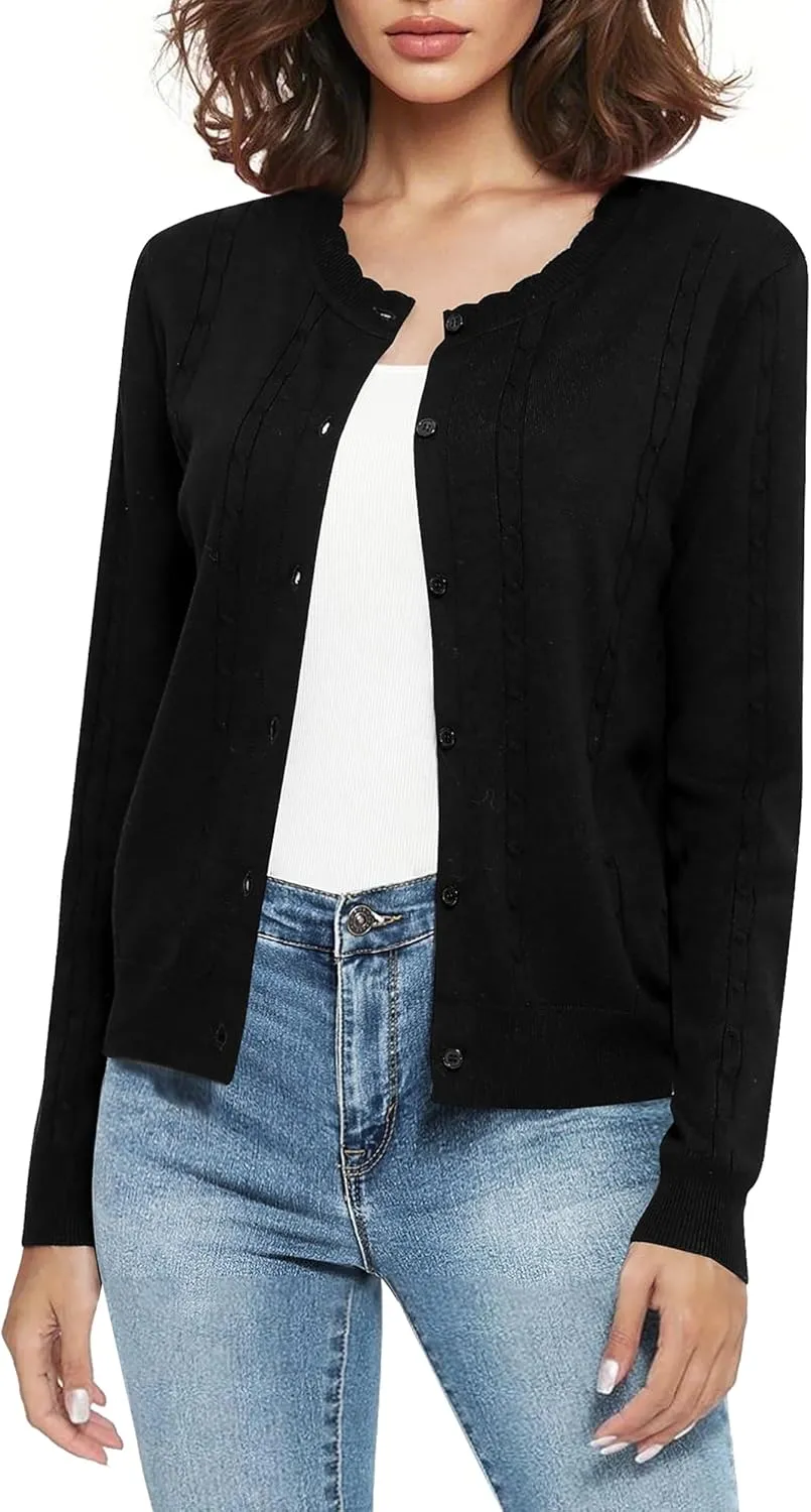 Urban CoCo Women's Lightweight Crew Neck Cropped Cardigan Long Sleeve Open Front Soft Knit Tops Casual Outfit