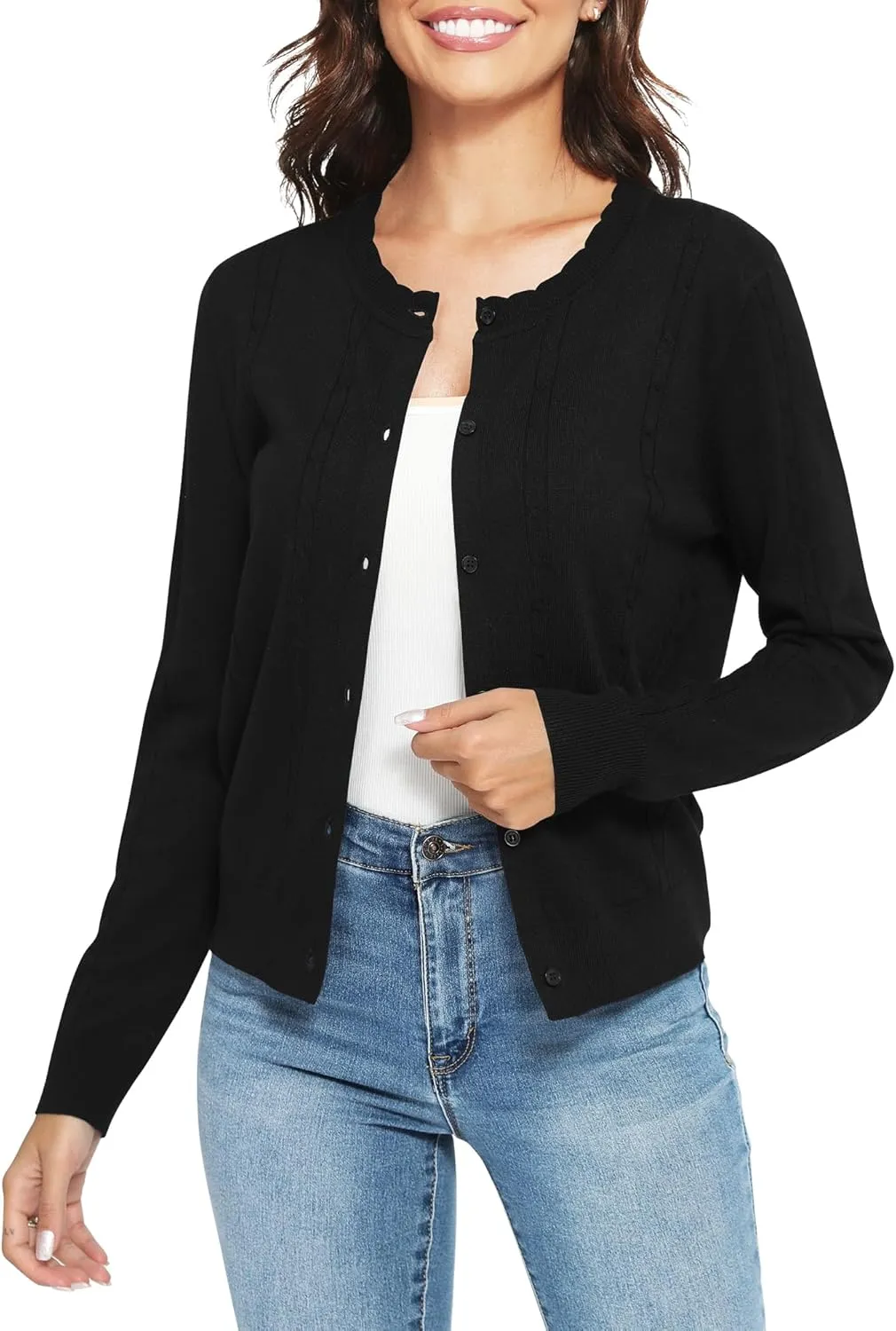Urban CoCo Women's Lightweight Crew Neck Cropped Cardigan Long Sleeve Open Front Soft Knit Tops Casual Outfit