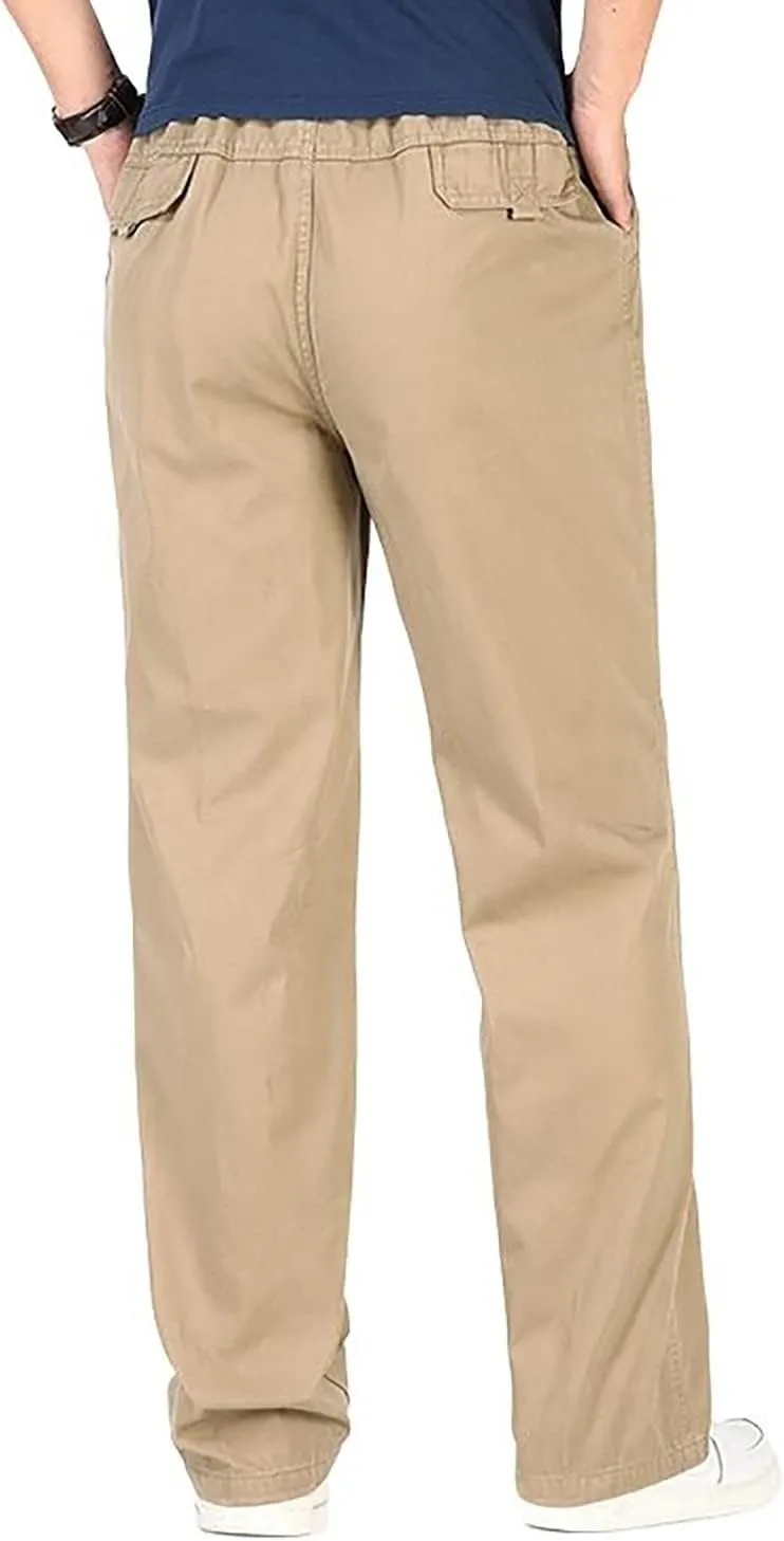 utcoco Men's Casual Cotton Pants Relaxed Fit Elastic Waist Straight-Leg Chino Pant