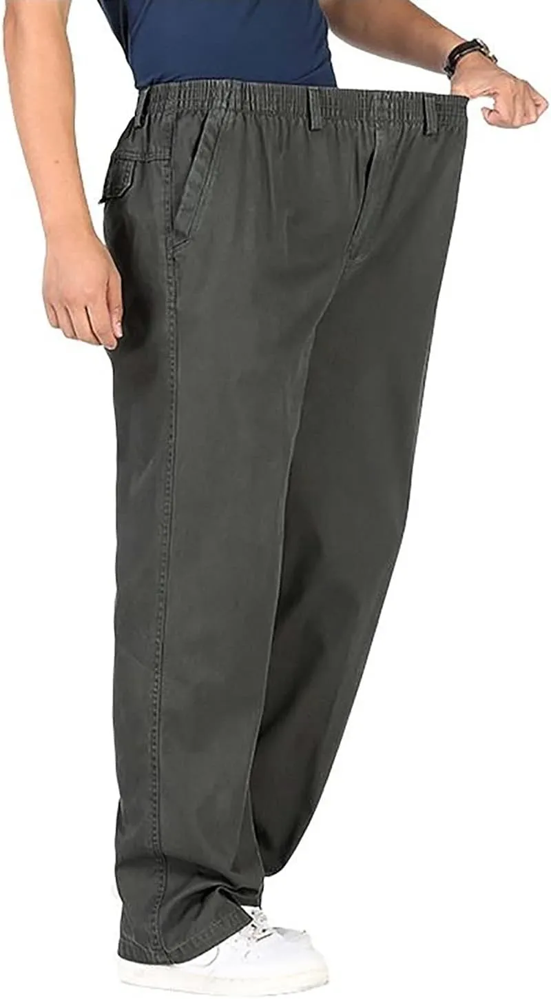 utcoco Men's Casual Cotton Pants Relaxed Fit Elastic Waist Straight-Leg Chino Pant