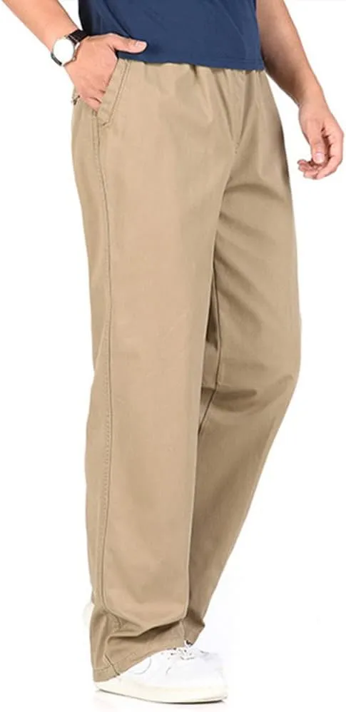 utcoco Men's Casual Cotton Pants Relaxed Fit Elastic Waist Straight-Leg Chino Pant