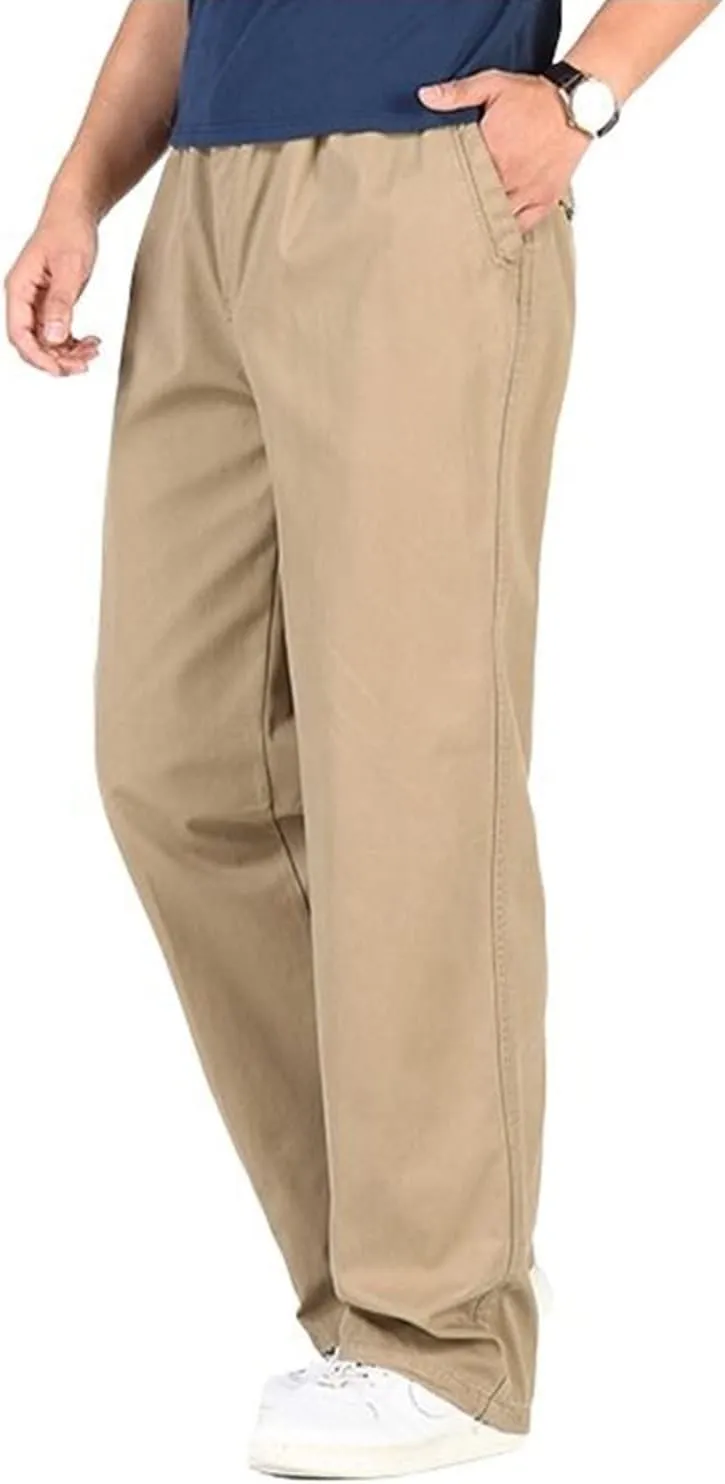 utcoco Men's Casual Cotton Pants Relaxed Fit Elastic Waist Straight-Leg Chino Pant