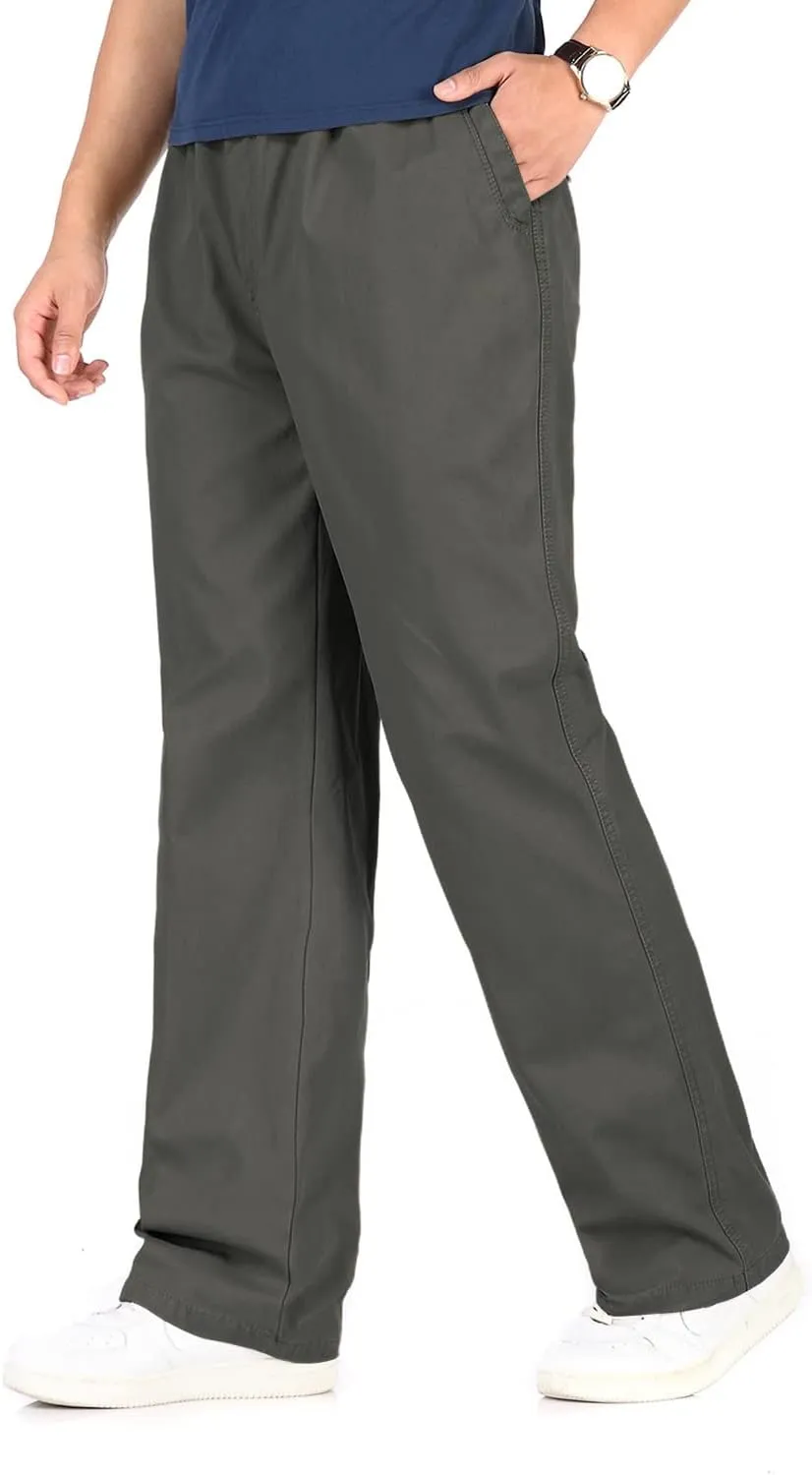 utcoco Men's Casual Cotton Pants Relaxed Fit Elastic Waist Straight-Leg Chino Pant