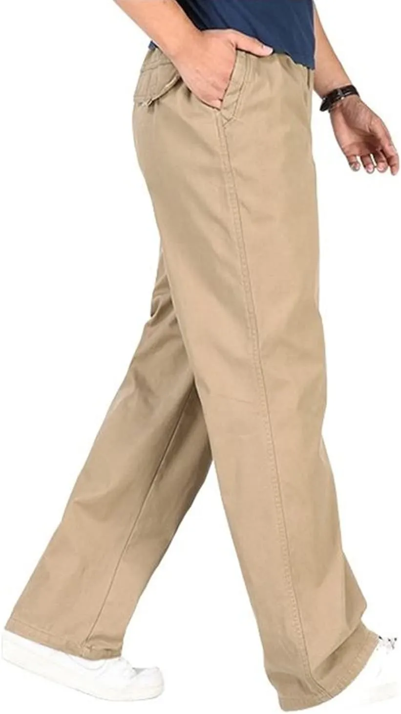 utcoco Men's Casual Cotton Pants Relaxed Fit Elastic Waist Straight-Leg Chino Pant