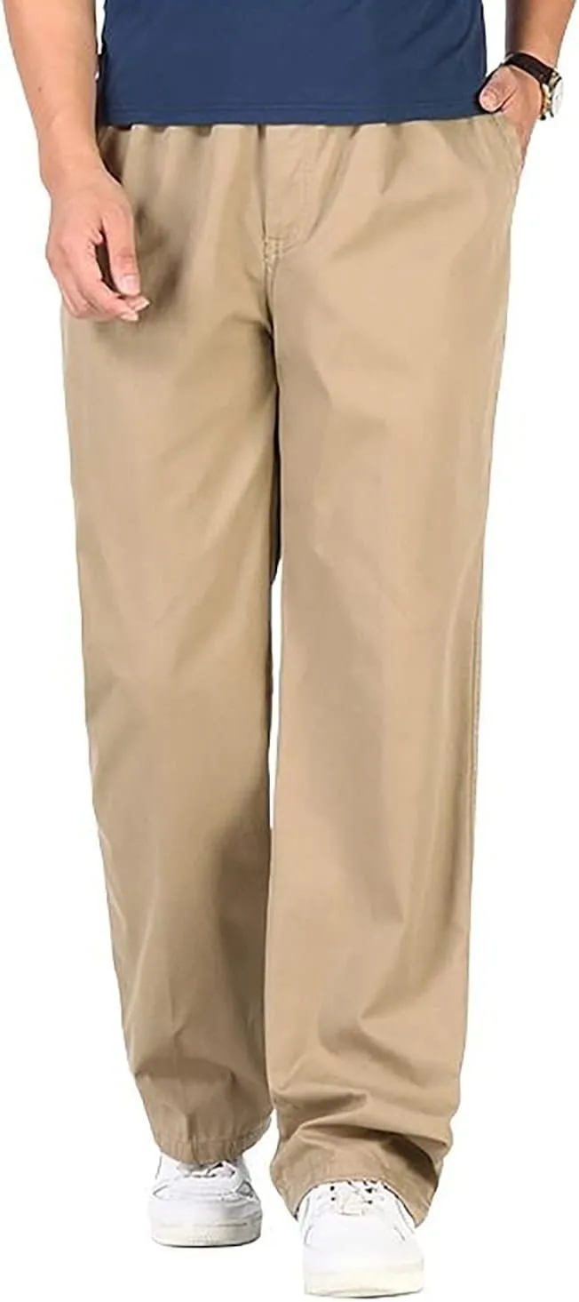 utcoco Men's Casual Cotton Pants Relaxed Fit Elastic Waist Straight-Leg Chino Pant