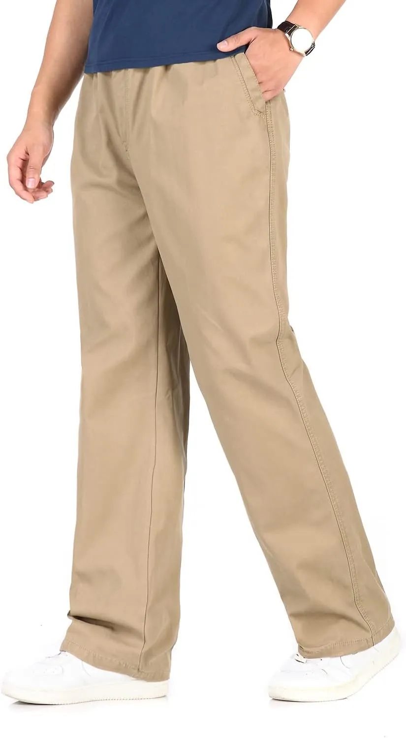 utcoco Men's Casual Cotton Pants Relaxed Fit Elastic Waist Straight-Leg Chino Pant