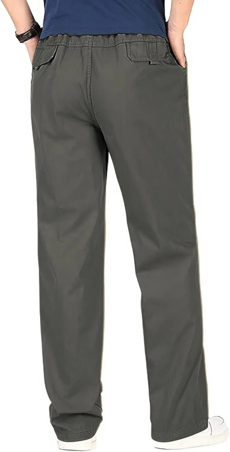 utcoco Men's Casual Cotton Pants Relaxed Fit Elastic Waist Straight-Leg Chino Pant