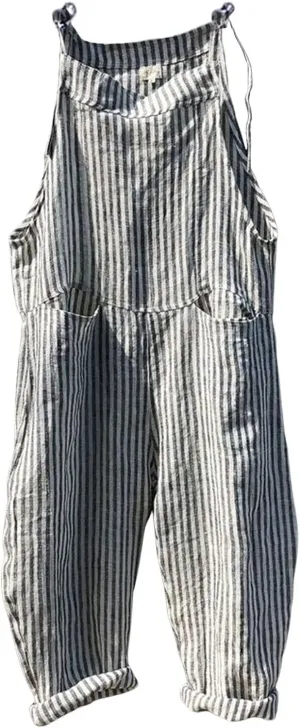 utcoco Womens Casual Striped Overall Jumpsuits Relaxed Fit Baggy Adjustable Straps Bib Wide Leg Pants