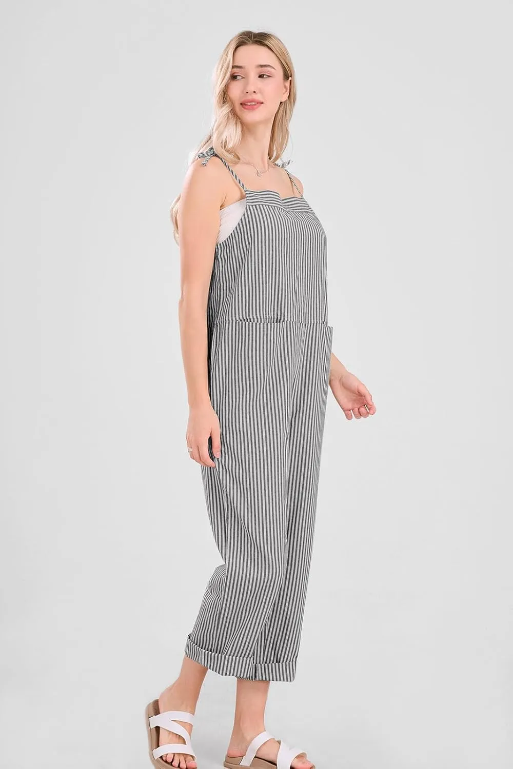 utcoco Womens Casual Striped Overall Jumpsuits Relaxed Fit Baggy Adjustable Straps Bib Wide Leg Pants