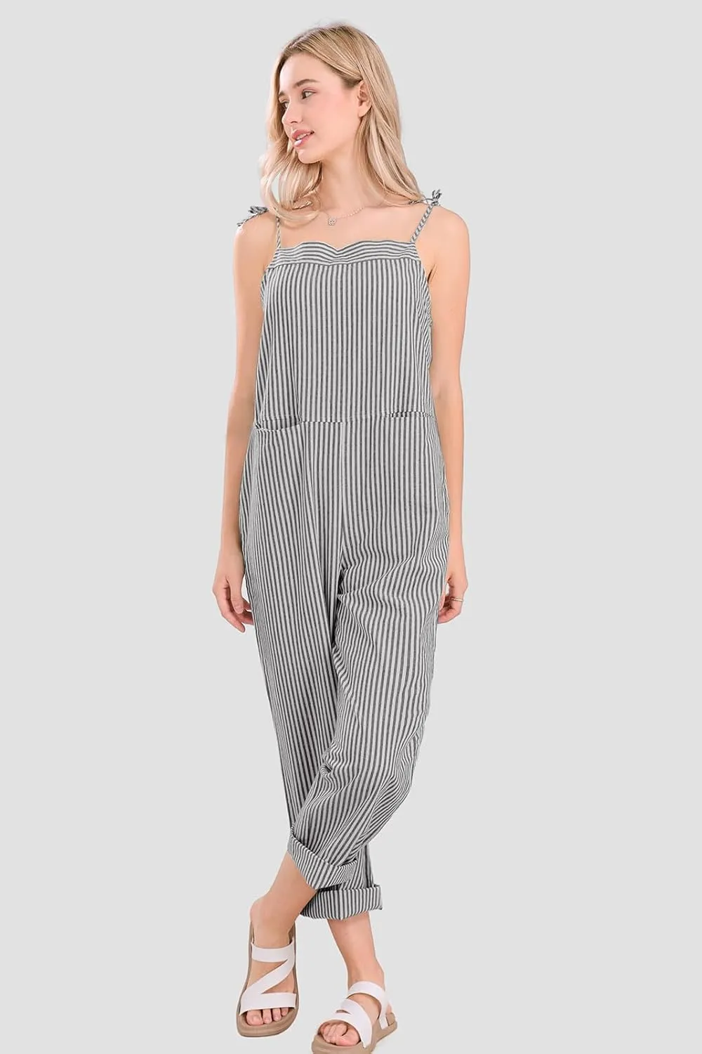 utcoco Womens Casual Striped Overall Jumpsuits Relaxed Fit Baggy Adjustable Straps Bib Wide Leg Pants