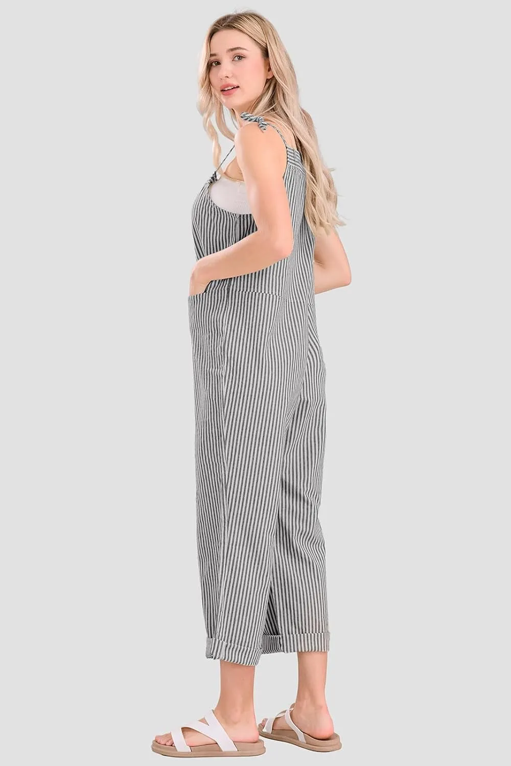 utcoco Womens Casual Striped Overall Jumpsuits Relaxed Fit Baggy Adjustable Straps Bib Wide Leg Pants