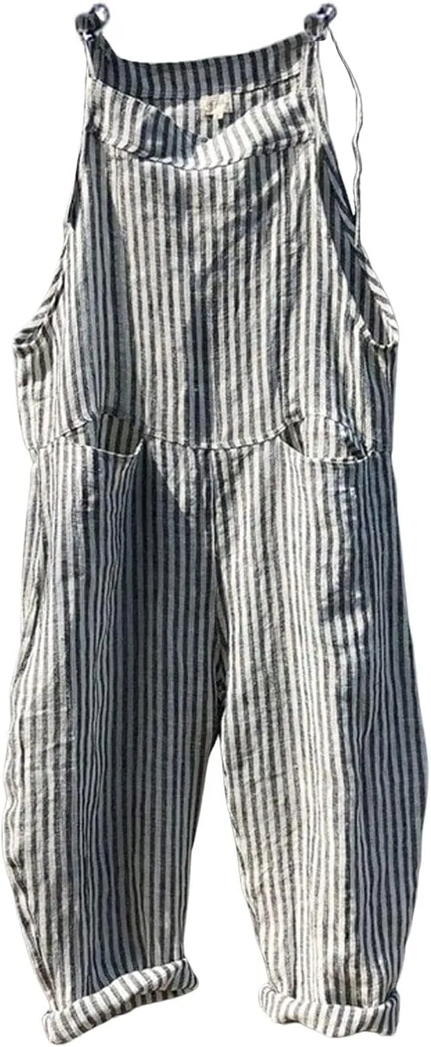 utcoco Womens Casual Striped Overall Jumpsuits Relaxed Fit Baggy Adjustable Straps Bib Wide Leg Pants