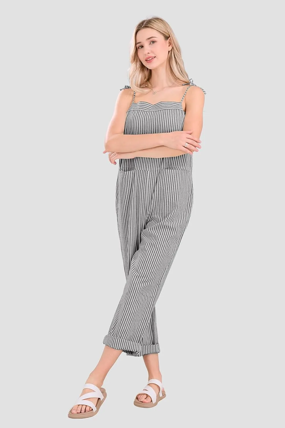 utcoco Womens Casual Striped Overall Jumpsuits Relaxed Fit Baggy Adjustable Straps Bib Wide Leg Pants