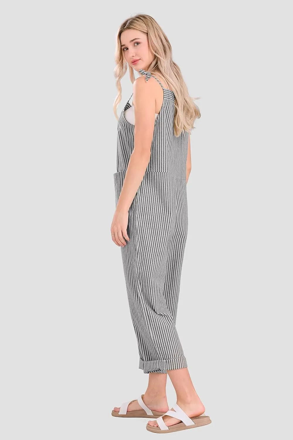 utcoco Womens Casual Striped Overall Jumpsuits Relaxed Fit Baggy Adjustable Straps Bib Wide Leg Pants
